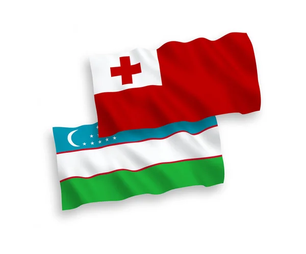 Белом Фоне Выделены Национальные Векторные Волновые Флаги Королевства Тонга Узбекистана — стоковый вектор