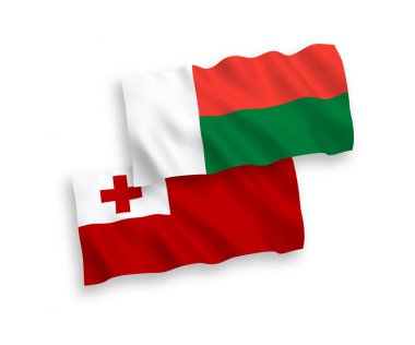 Tonga Krallığı ve Madagaskar 'ın ulusal taşıyıcı kumaş bayrakları beyaz arka planda izole edildi. 1 'e 2 oranında.