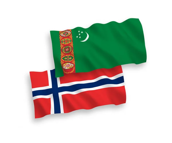 stock vector National vector fabric wave flags of Norway and Turkmenistan isolated on white background. 1 to 2 proportion.