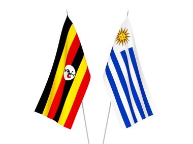 Uganda 'nın ulusal kumaş bayrakları ve Uruguay Doğu Cumhuriyeti beyaz arka planda izole edildi. 3d resimleme.