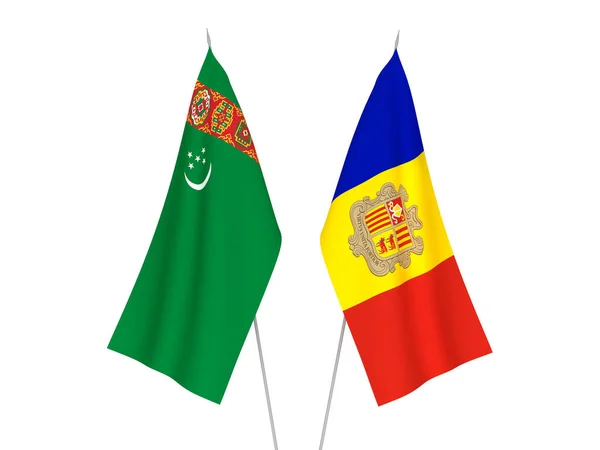 stock image National fabric flags of Andorra and Turkmenistan isolated on white background. 3d rendering illustration.