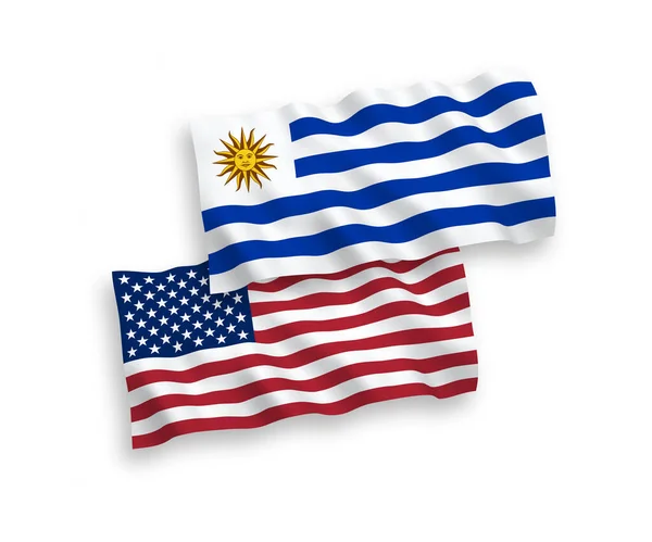 Nationell Vektor Tyg Våg Flaggor Orientaliska Republiken Uruguay Och Usa — Stock vektor