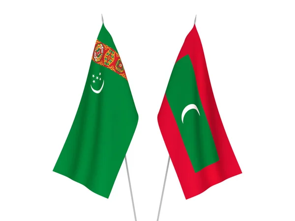 Bandeiras Tecido Nacional Maldivas Turcomenistão Isoladas Fundo Branco Ilustração Renderização — Fotografia de Stock