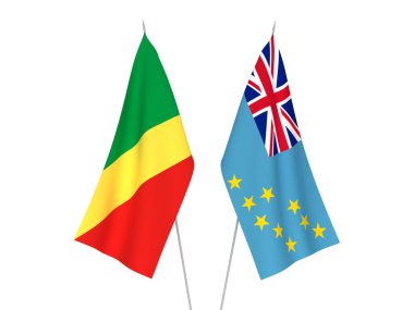 Tuvalu ve Kongo Cumhuriyeti 'nin ulusal kumaş bayrakları beyaz arka planda izole edilmiştir. 3d resimleme.