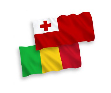 Tonga Krallığı ve Mali 'nin ulusal taşıyıcı kumaş bayrakları beyaz arka planda izole edildi. 1 'e 2 oranında.