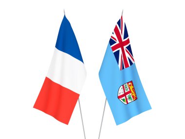 Beyaz arka planda Fransa ve Fiji Cumhuriyeti 'nin ulusal kumaş bayrakları izole edildi. 3d resimleme.