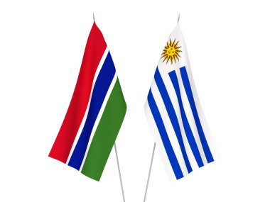 Gambiya Cumhuriyeti ve Uruguay Doğu Cumhuriyeti bayrakları beyaz arka planda izole edilmiştir. 3d resimleme.