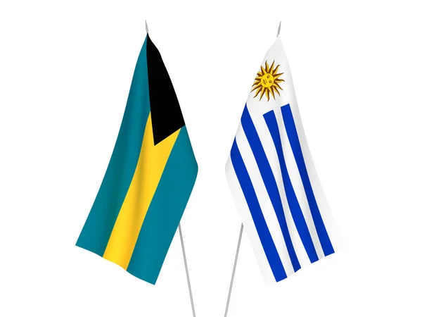 Narodowe Flagi Tkanin Wspólnoty Bahamów Orientalnej Republiki Urugwaju Odizolowane Białym — Zdjęcie stockowe