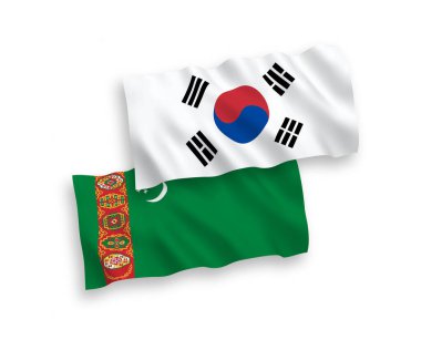 Beyaz arka planda Güney Kore ve Türkmenistan 'ın ulusal taşıyıcı kumaş bayrakları izole edildi. 1 'e 2 oranında.