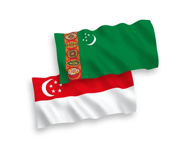 Drapeaux Nationaux Vectoriels Ondes Tissu Turkménistan Singapour Isolés Sur Fond — Image vectorielle