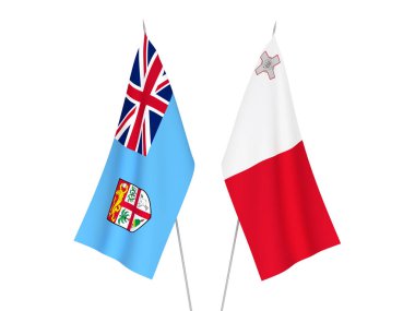 Beyaz arka planda Fiji ve Malta Cumhuriyeti 'nin ulusal kumaş bayrakları izole edildi. 3d resimleme.