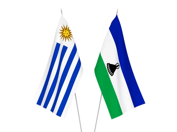 Narodowe Flagi Tkanin Lesotho Orientalnej Republiki Urugwaju Odizolowane Białym Tle — Zdjęcie stockowe
