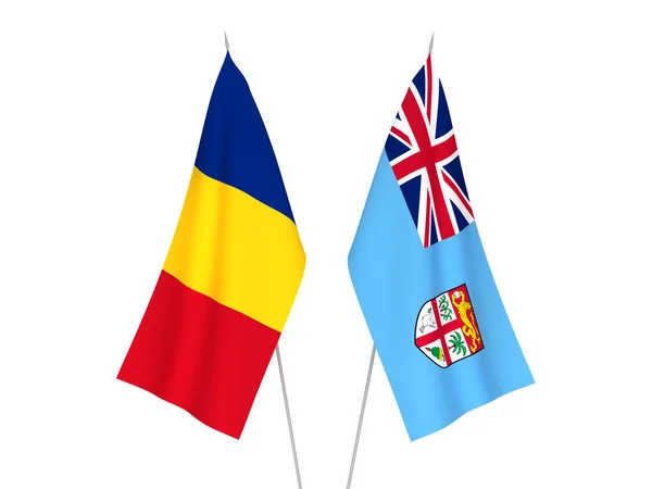 Національні Прапори Тканини Румунії Республіки Фіджі Ізольовані Білому Тлі Візуалізація — стокове фото