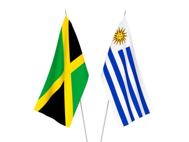 Jamaika 'nın ulusal kumaş bayrakları ve Uruguay Doğu Cumhuriyeti beyaz arka planda izole edildi. 3d resimleme.