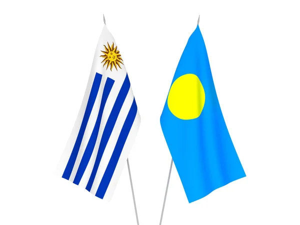 Nationale Stoffen Vlaggen Van Palau Oosterse Republiek Uruguay Geïsoleerd Witte — Stockfoto