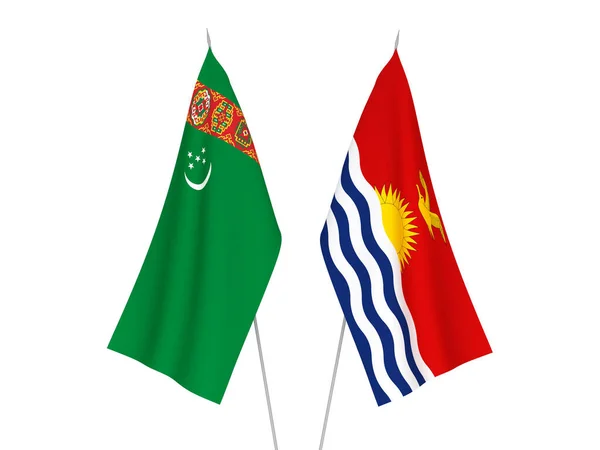 stock image National fabric flags of Turkmenistan and Republic of Kiribati isolated on white background. 3d rendering illustration.