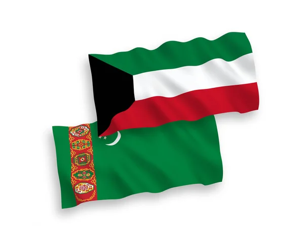 Nationell Vektor Tyg Våg Flaggor Turkmenistan Och Kuwait Isolerad Vit — Stock vektor