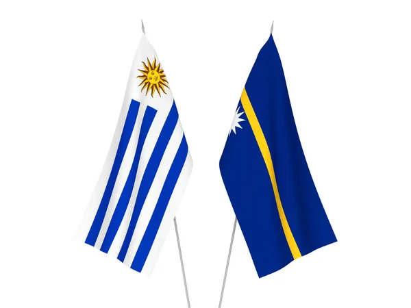 Bandeiras Tecido Nacional República Oriental Uruguai República Nauru Isoladas Fundo — Fotografia de Stock