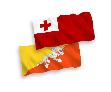 Tonga Krallığı ve Bhutan Krallığı 'nın bayrakları beyaz arka planda izole edilmiş. 1 'e 2 oranında.