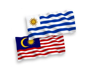 Beyaz arka planda Uruguay ve Malezya Doğu Cumhuriyeti 'nin ulusal taşıyıcı kumaş bayrakları izole edildi. 1 'e 2 oranında.