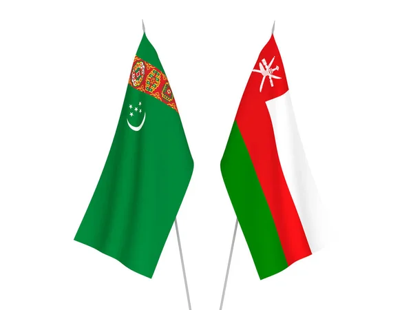 Bandeiras Tecido Nacional Turquemenistão Sultanato Omã Isoladas Fundo Branco Ilustração — Fotografia de Stock