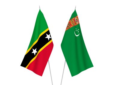 Türkmenistan 'ın ulusal kumaş bayrakları ve Saint Christopher Federasyonu ve Nevis beyaz arka planda izole edildi. 3d resimleme.