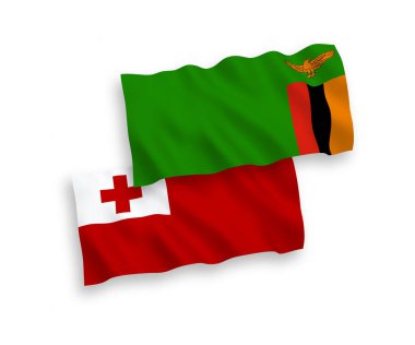 Beyaz arka planda, Tonga Krallığı ve Zambiya Cumhuriyeti 'nin ulusal taşıyıcı kumaş bayrakları izole edildi. 1 'e 2 oranında.