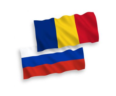 Romanya ve Rusya'nın ulusal vektör kumaş dalga bayrakları beyaz arka plan üzerinde izole. 1 ile 2 oran arasında oran.