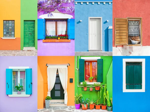 Colagem Janelas Coloridas Portas Ilha Burano Veneza Itália — Fotografia de Stock