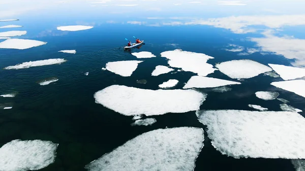 Caiaque Navegando Entre Bancos Gelo Lago Vista Aérea Drones Lago — Fotografia de Stock