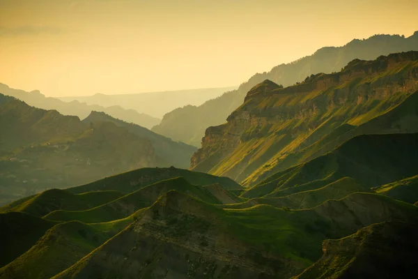 Stock image View of the green mountains at sunset. Chokh village in Dagestan, Russia. Beautiful summer landscape.