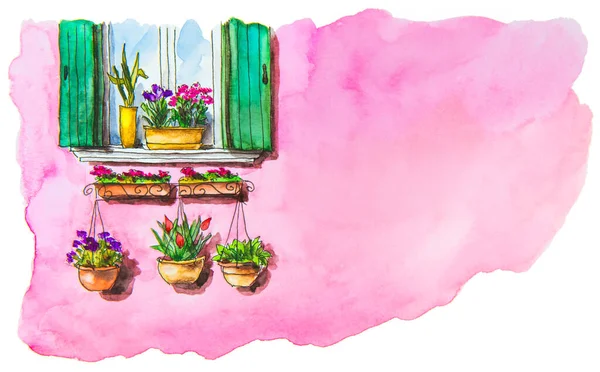 Pintura Aquarela Janela Com Persianas Verdes Flores Fachada Rosa Arquitetura — Fotografia de Stock