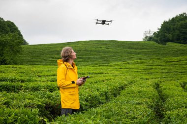 Genç adam yeşil bir çay tarlasında duruyor ve bir dronu kontrol ediyor. Bir İHA ile hava fotoğrafları çeken bir fotoğrafçı. Dörtlü helikopter yeşil çay tarlasının üzerinde uçuyor.