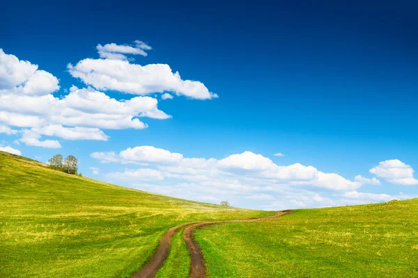Green Hills Blue Sky Clouds Spring Sunny Day Country Road — Stock Photo, Image