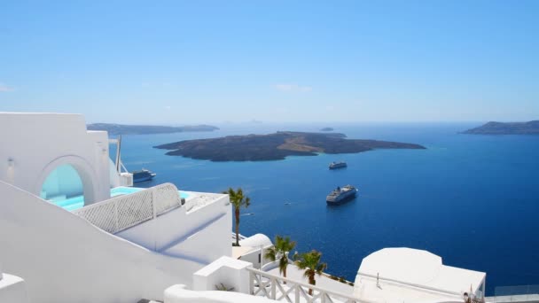Bílá Architektura Ostrově Santorini Řecko Modré Moře Modrá Obloha Luxusní — Stock video