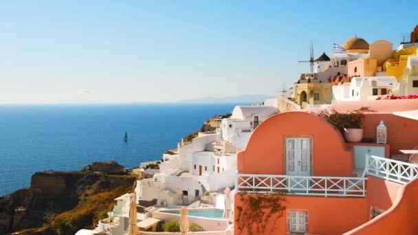 Santorini Island Greece Colorful Architecture Famous Windmills Oia Town Summer — Stock Video