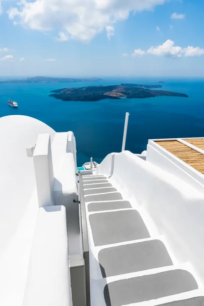 Arquitetura Branca Ilha Santorini Grécia Mar Azul Céu Azul Com — Fotografia de Stock