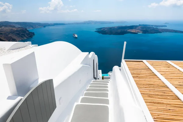 Bílá Architektura Ostrově Santorini Řecko Schody Moři Letní Přímořská Pláň — Stock fotografie