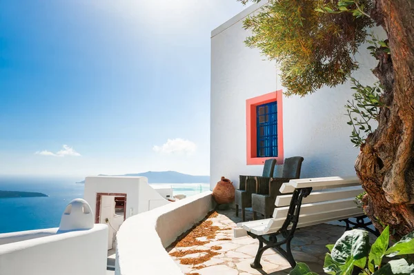 Hvid Arkitektur Santorini Grækenland Smuk Terrasse Med Havudsigt Rejse Ferier - Stock-foto