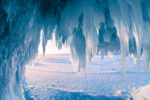 Ice Cave Icicles Baikal Lake Sunset Winter Landscape Baikal Lake — Φωτογραφία Αρχείου