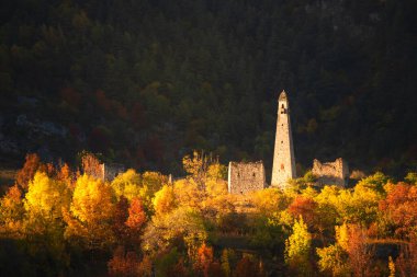 Ingushetia, Kafkasya, Rusya 'daki Erzi Ulusal Parkı' ndaki eski taş kuleler. Gündoğumunda güzel sonbahar manzarası.