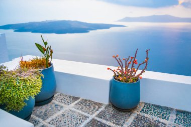 Yunanistan 'ın Santorini adasında güzel bir gün batımı. Terasta deniz manzaralı çiçekler. Seyahat ve tatil kavramı