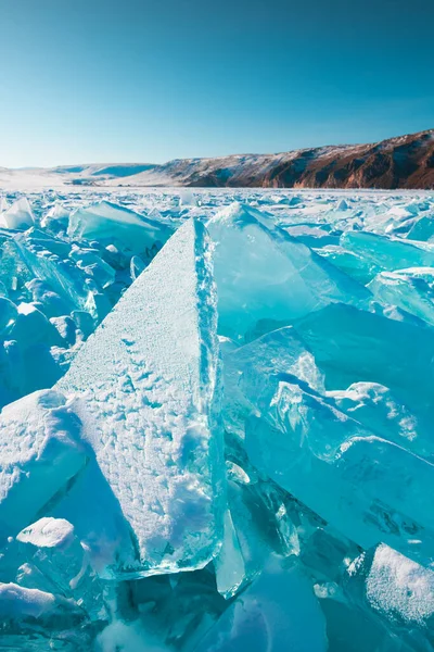 Průhledné Ledové Kry Jezeře Bajkal Při Západu Slunce Selektivní Soustředění — Stock fotografie