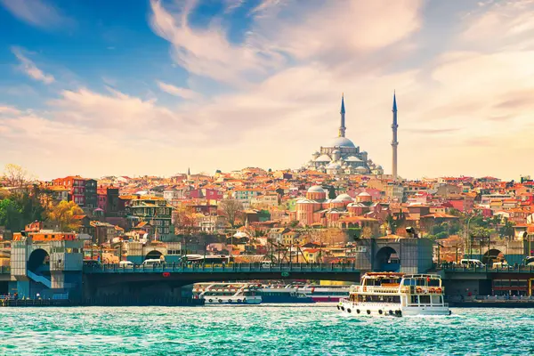 Goldenes Horn Und Galata Brücke Istanbul Türkei Blick Auf Die Stockbild