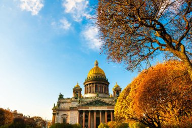 Saint Petersburg, Rusya 'daki Saint Isaac Katedrali. Günbatımında sarı ağaçlı sonbahar şehri