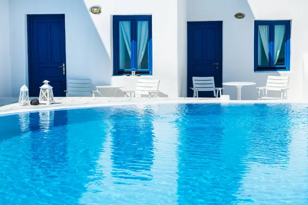 Luxury Swimming Pool Blue Water Hotel Santorini Island Greece Travel Stock Photo