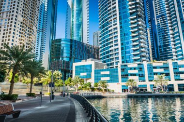 Dubai, Birleşik Arap Emirlikleri - 19 Ocak 2024: Güneşli bir günde modern gökdelenleri ve konut binaları olan Dubai Marina. Yeşil palmiyeli güzel gezinti güvertesi.