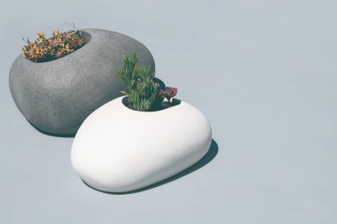 Çatıda çiçekli gri ve beyaz seramik kaplar. Yunanistan 'ın Santorini adasında Kiklad mimarisi. 