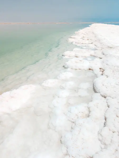 死海塩の結晶形成の風景ビュー イーンボケビーチで明確なシアン緑の穏やかな水 イスラエル ロイヤリティフリーのストック画像