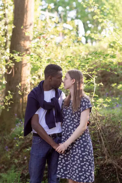 Genç bir çift, açık havada yaz gününün tadını çıkarıyor. Siyah bir adam ve beyaz bir kadın, doğal bir bahçe bahçesinde birlikte. Romantizm, sevgi ve çeşitliliği barışçıl, güneşli bir ortamda ifade ediyorlar.